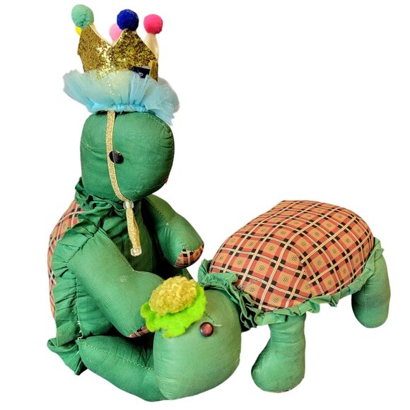 Vintage 80s Handmade Turtle Stuffed Animal Set Plaid Hat Home Decor Child Room - Picture 12 of 14